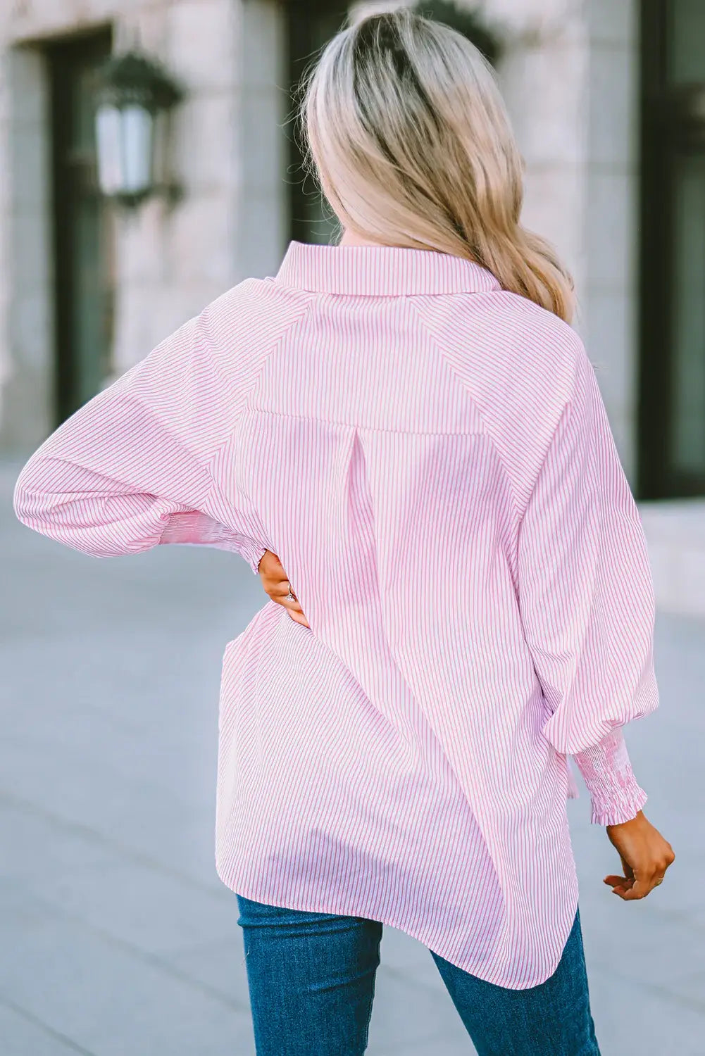 Striped Lantern Sleeve Collared Shirt - Trendsi - Flyclothing LLC