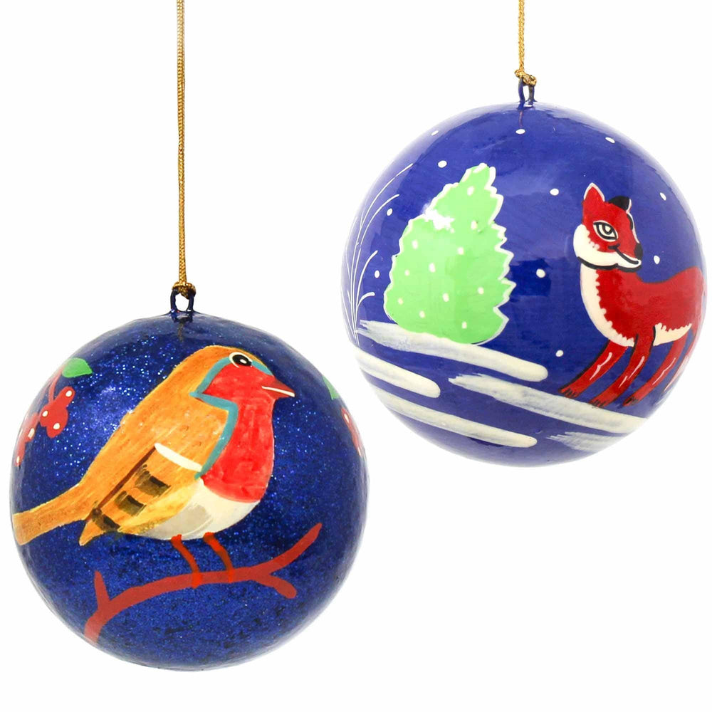 Handpainted Fox & Bird Ornaments, Set of 2 - Asha Handicrafts