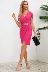 Ruched Surplice Cap Sleeve Mini Dress - Trendsi - Flyclothing LLC