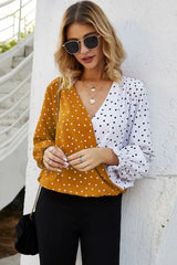 Polka Dot Surplice Neck Lantern Sleeve Blouse - Trendsi - Flyclothing LLC