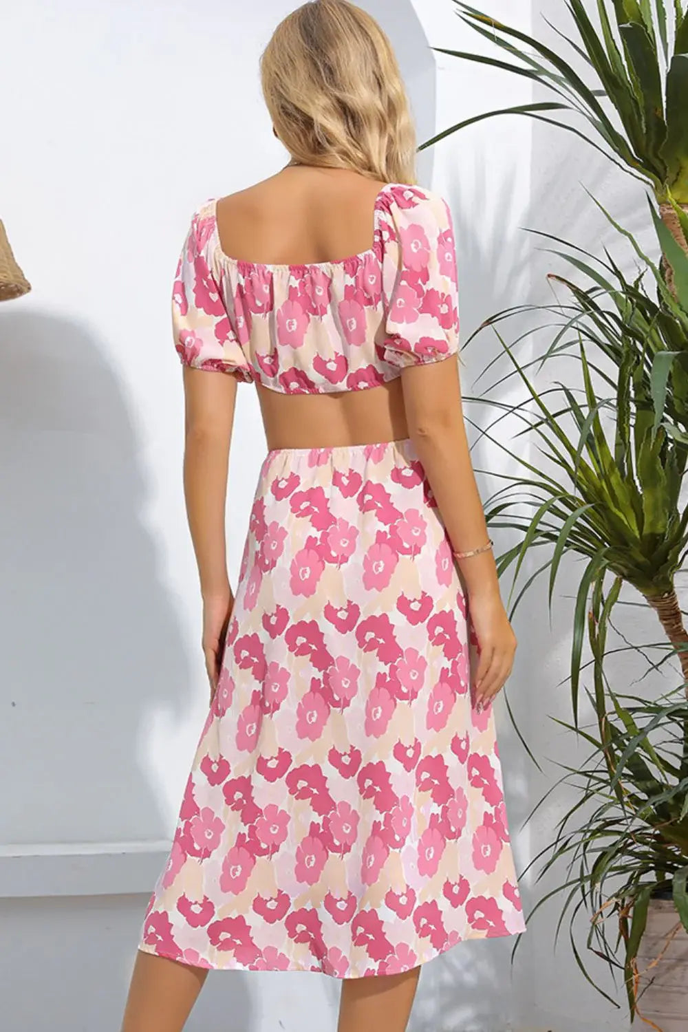 Floral Cutout Square Neck Puff Sleeve Dress - Trendsi - Flyclothing LLC