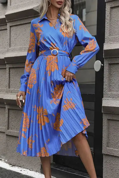 Floral Pleated Surplice Long Sleeve Midi Dress - Trendsi - Flyclothing LLC