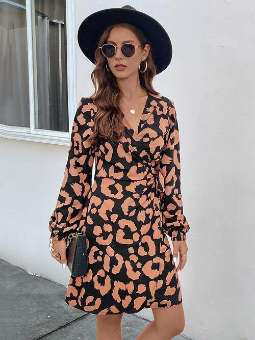 Printed Surplice Long Sleeve Dress - Trendsi
