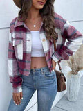 Plaid Button Up Drop Shoulder Cropped Jacket - Trendsi - Flyclothing LLC