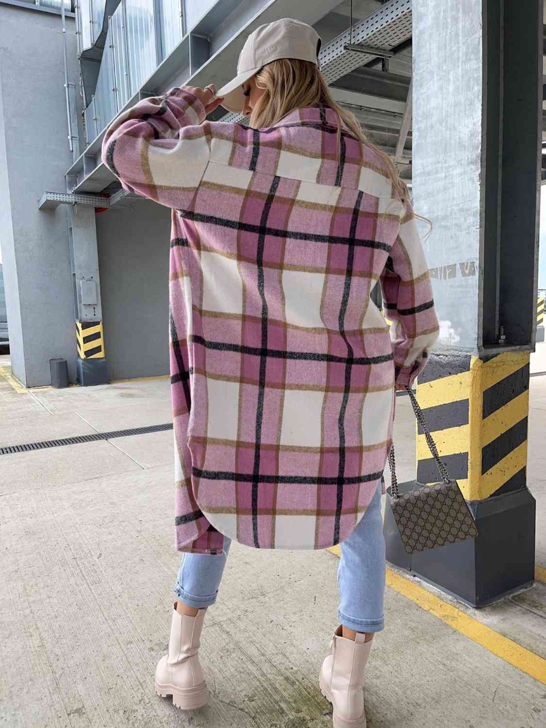 Plaid Collared Neck Longline Shirt - Trendsi - Flyclothing LLC