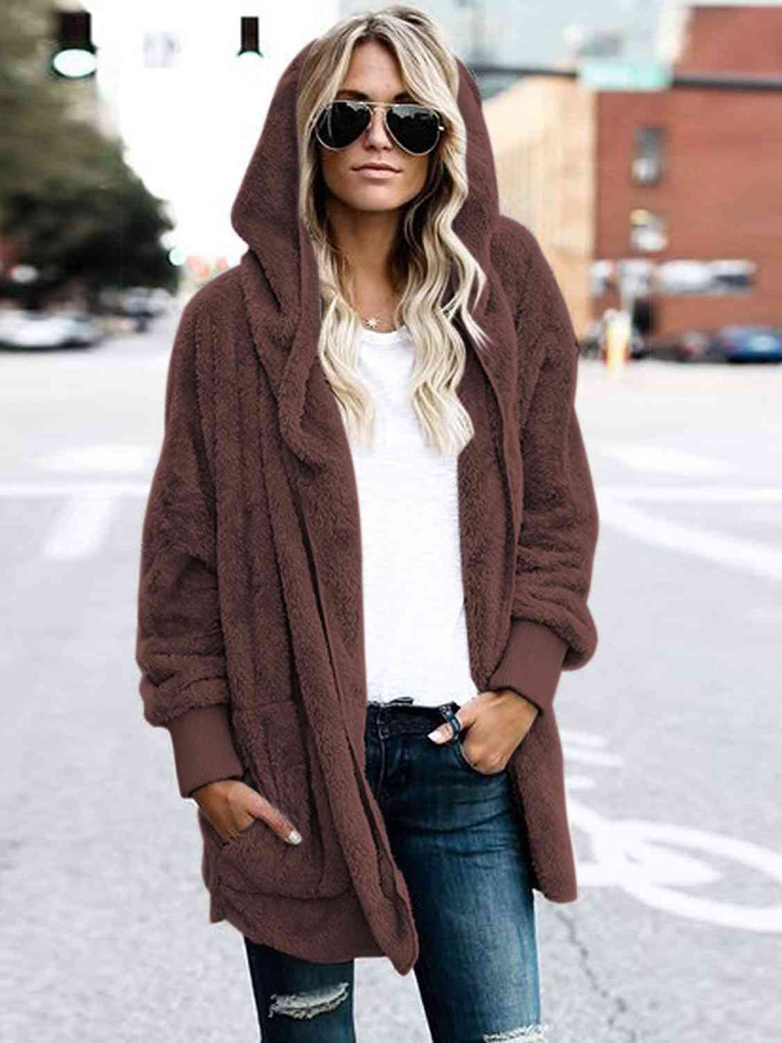 Teddy Hooded Jacket with Pockets - Trendsi - Flyclothing LLC