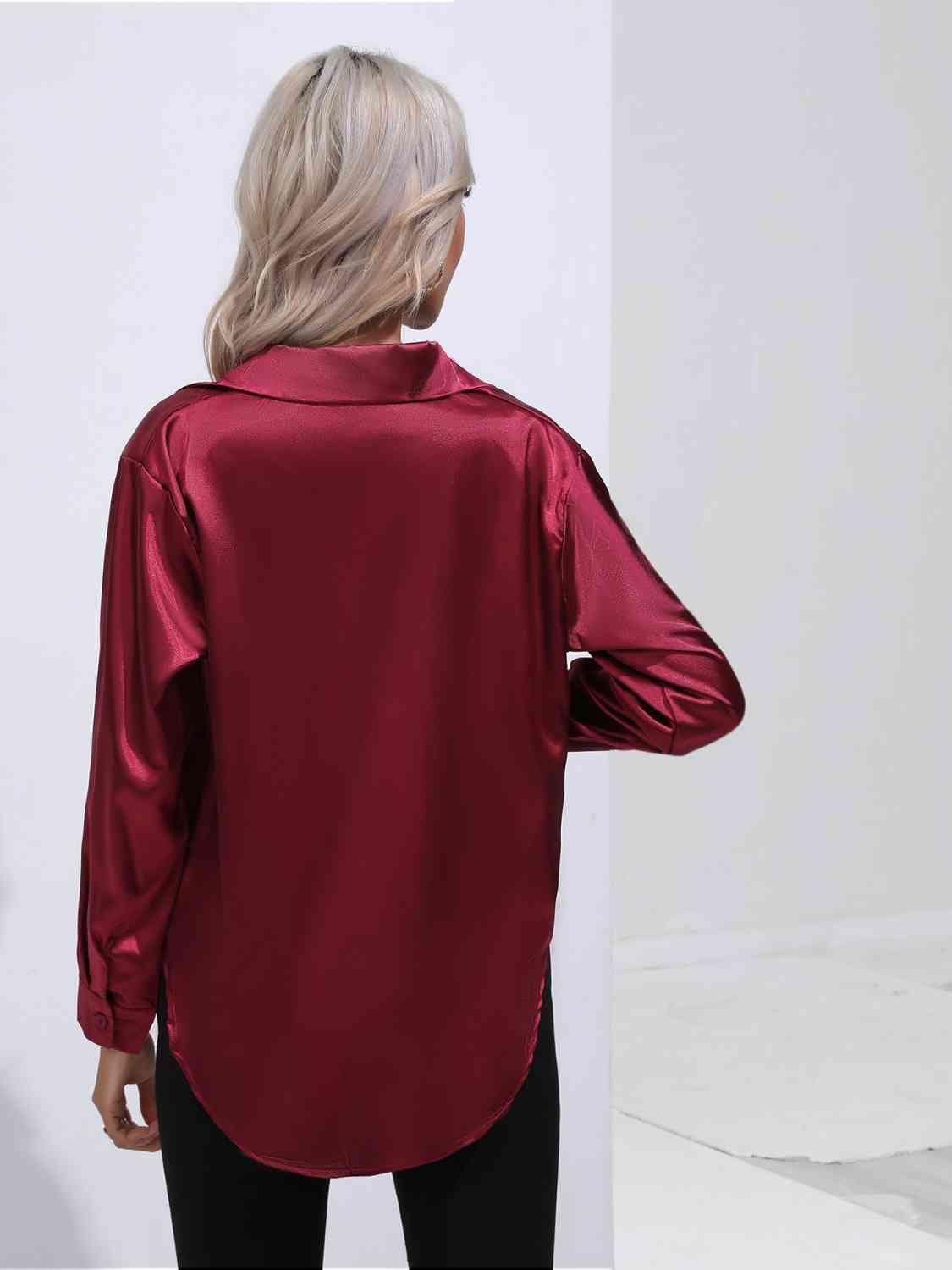 Collared Neck Buttoned Long Sleeve Shirt - Trendsi - Flyclothing LLC