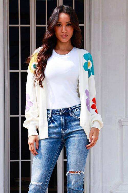 Flower Pattern Open Front Long Sleeve Cardigan - Trendsi - Flyclothing LLC