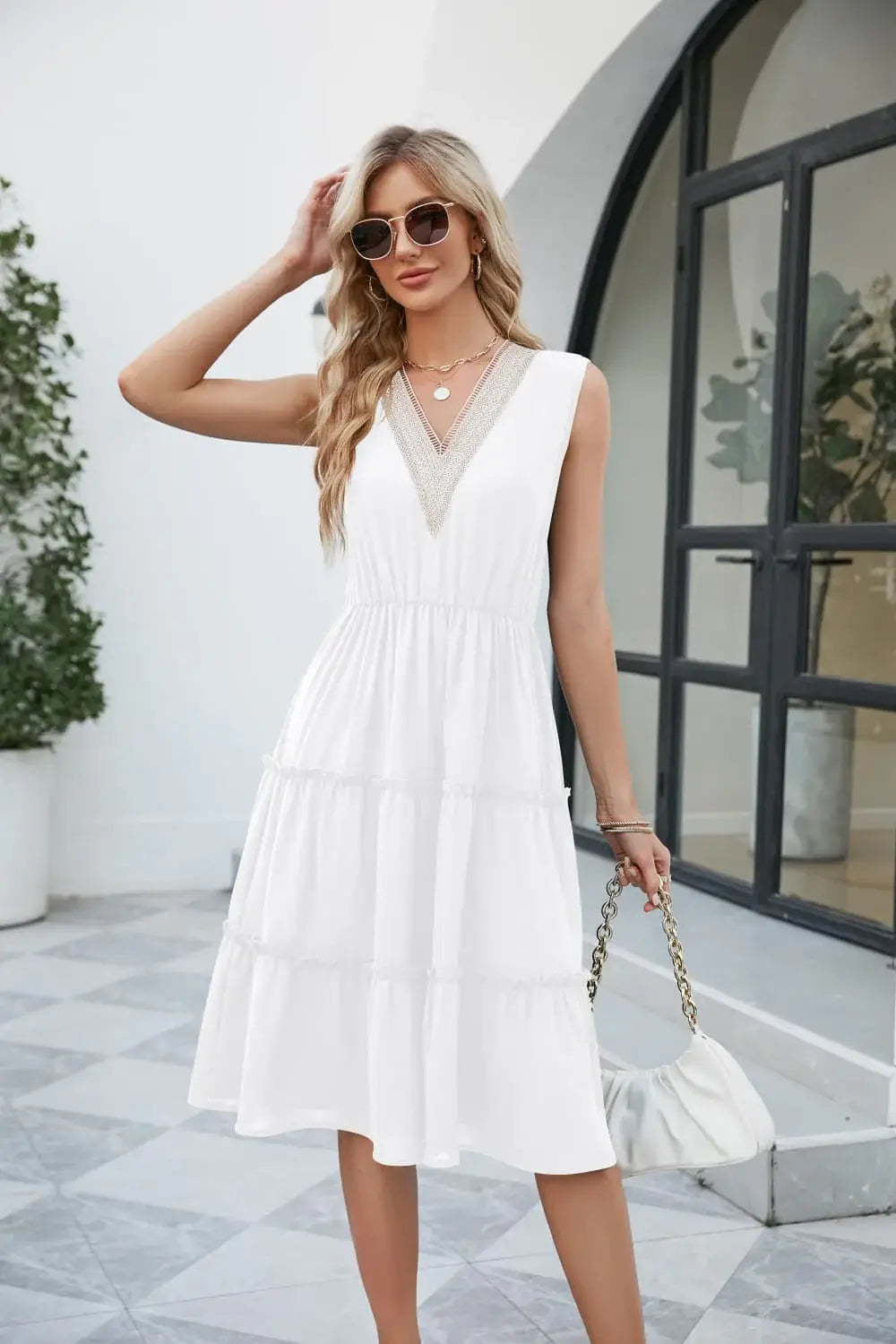 Contrast V-Neck Sleeveless Tiered Dress - Trendsi - Flyclothing LLC