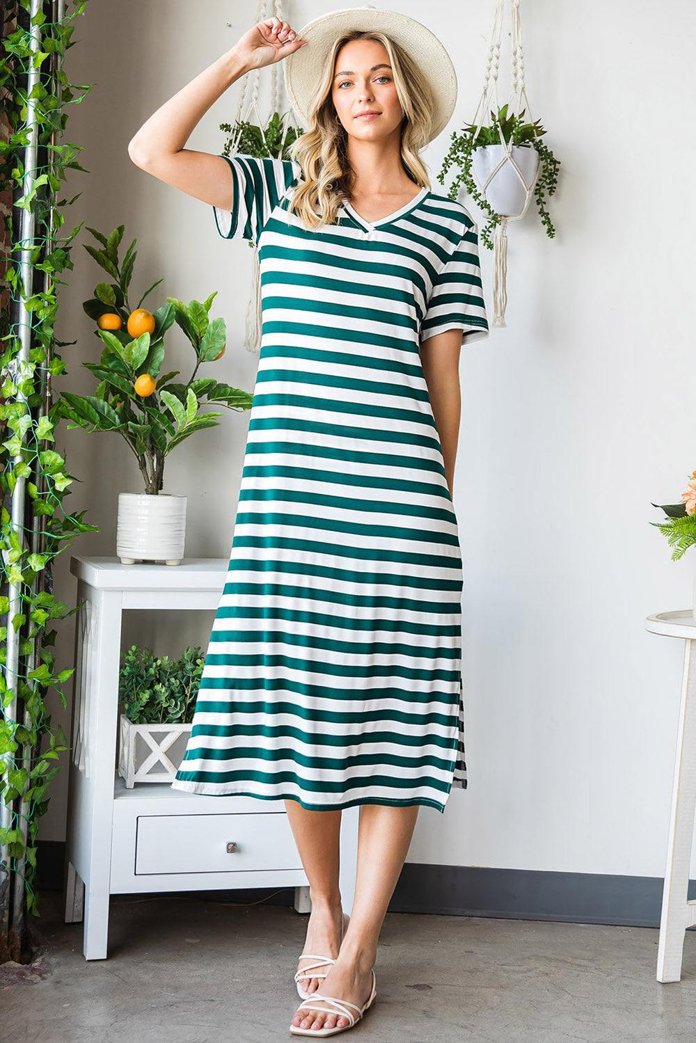 Striped V-Neck Short Sleeve Side Slit Dress - Trendsi