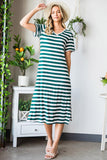 Striped V-Neck Short Sleeve Side Slit Dress - Trendsi