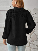 Ruched Swiss Dot Notched Balloon Sleeve T-Shirt - Trendsi - Flyclothing LLC