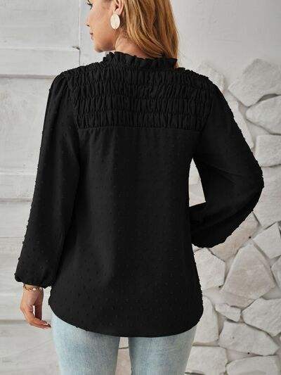Ruched Swiss Dot Notched Balloon Sleeve T-Shirt - Trendsi - Flyclothing LLC
