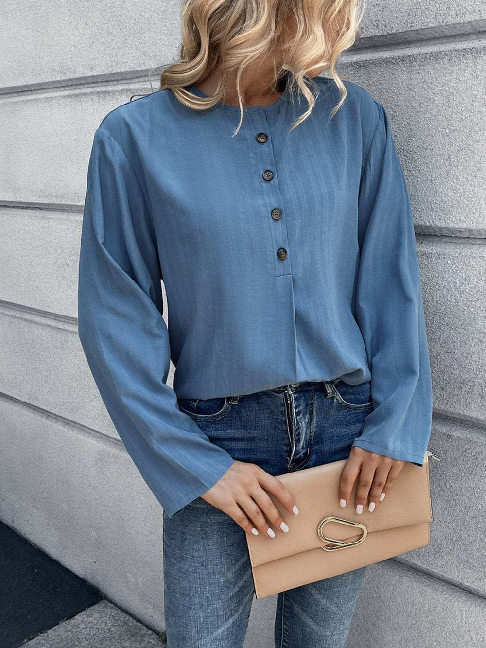 Half Button Long Sleeve Blouse - Trendsi - Flyclothing LLC