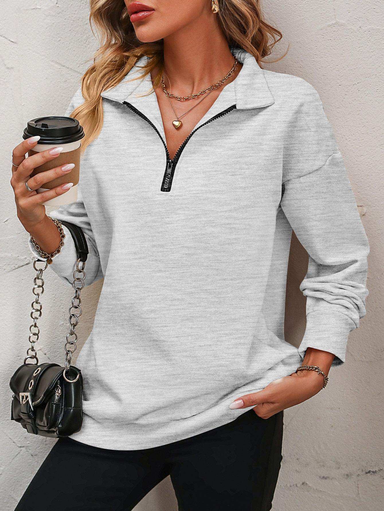 Zip-Up Dropped Shoulder Sweatshirt - Trendsi - Flyclothing LLC