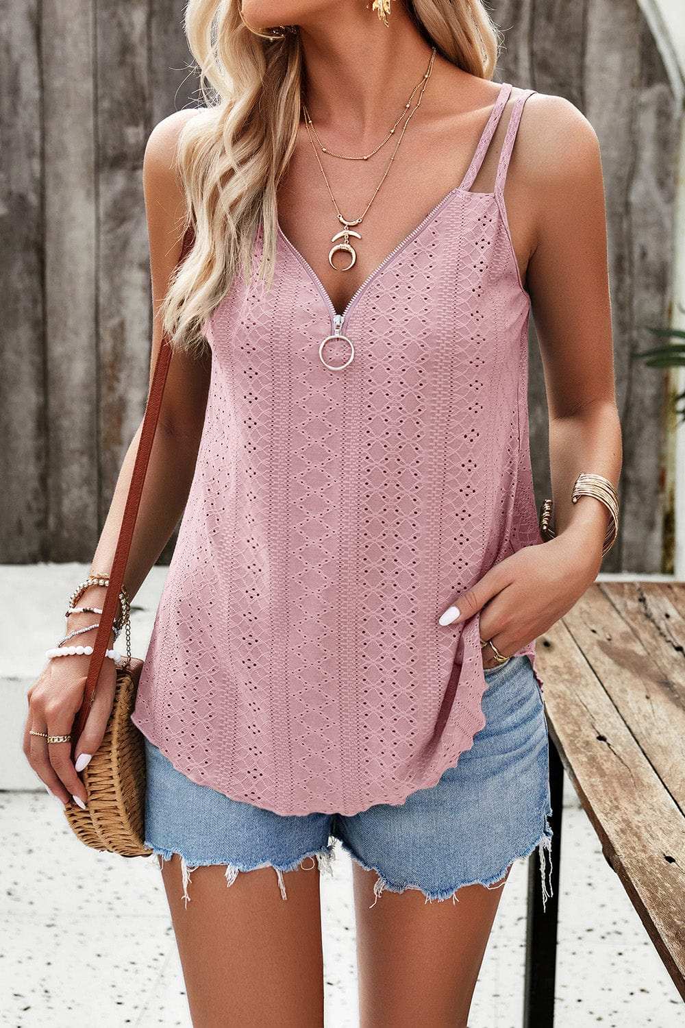 Eyelet V-Neck Double Strap Cami - Trendsi - Flyclothing LLC