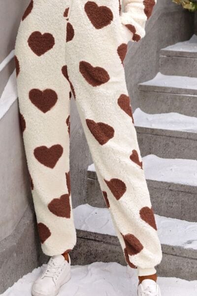 Fuzzy Heart Zip Up Hooded Lounge Jumpsuit - Trendsi