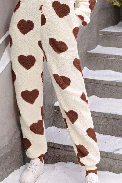 Fuzzy Heart Zip Up Hooded Lounge Jumpsuit - Trendsi - Flyclothing LLC