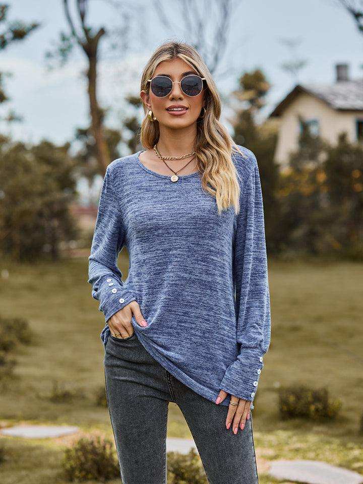 Round Neck Long Sleeve Buttoned T-Shirt - Trendsi - Flyclothing LLC