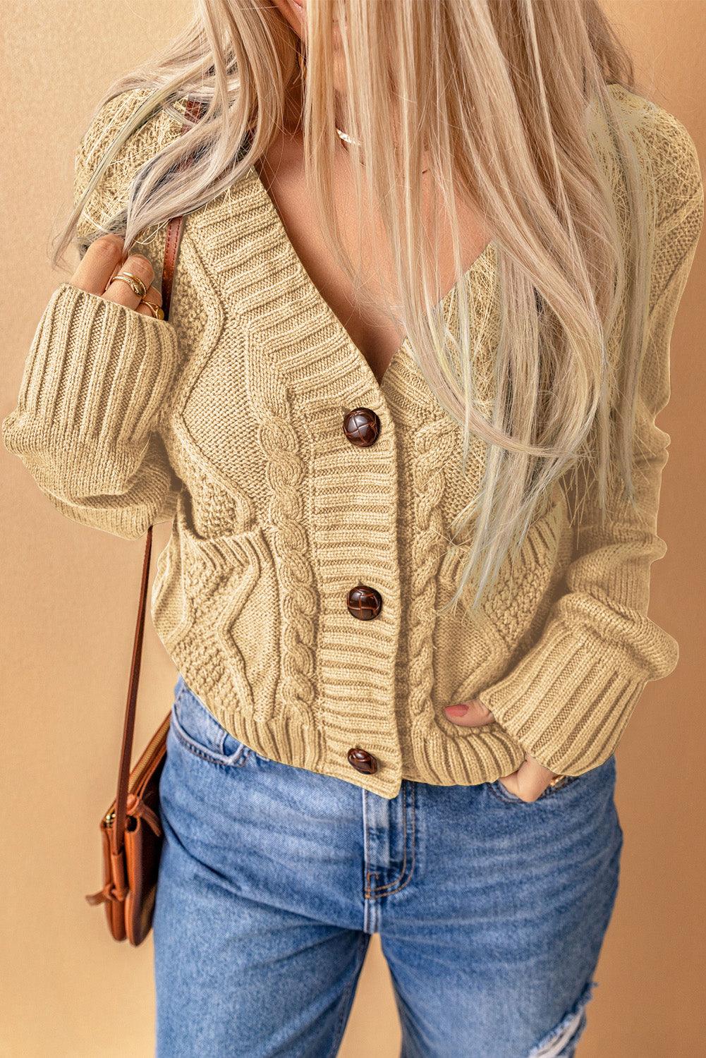 Mixed Knit Button Down Cardigan with Pockets - Flyclothing LLC