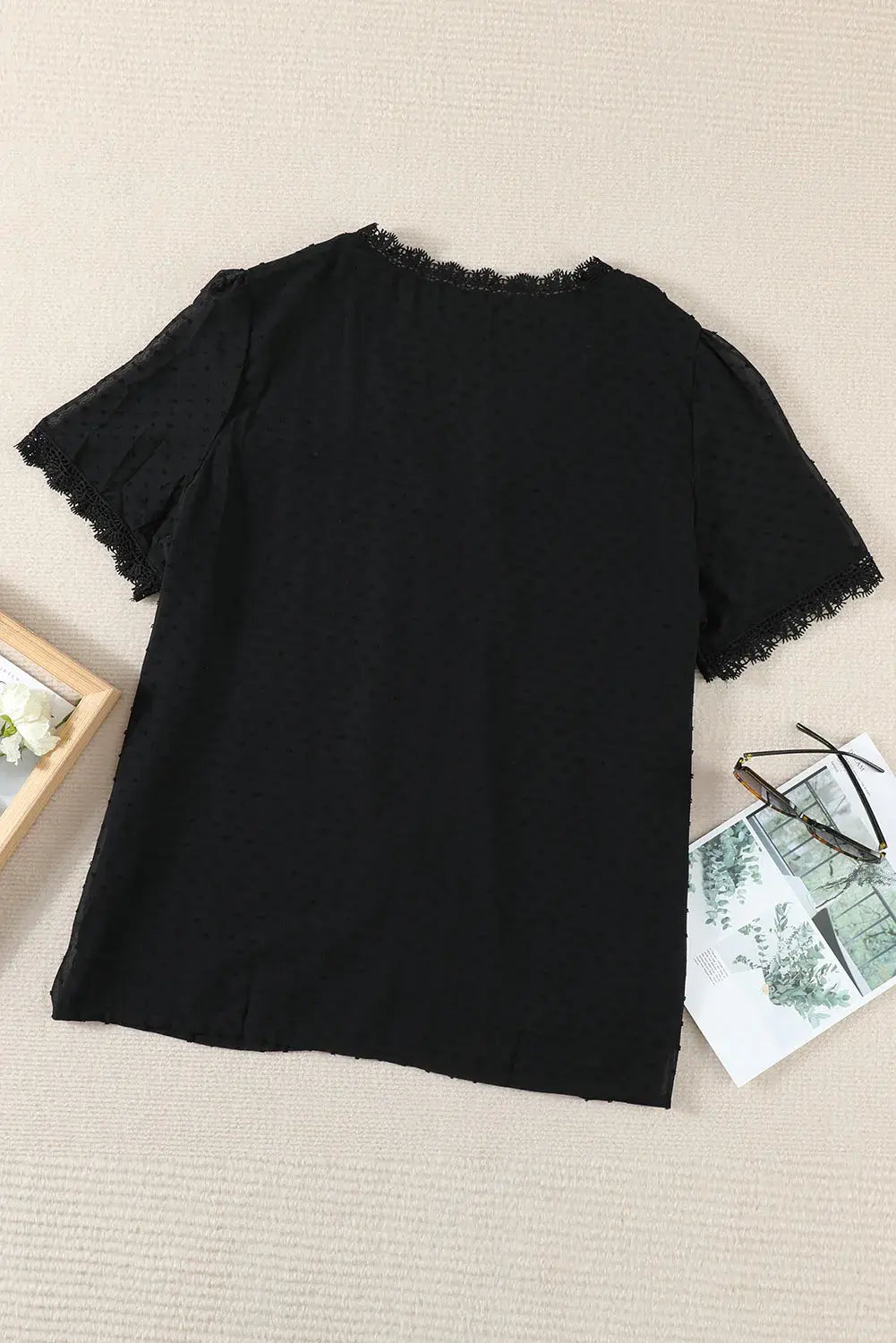 Plus Size Swiss Dot Spliced Lace V-Neck Blouse - Trendsi - Flyclothing LLC