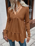 Waffle-knit V-Neck Long Sleeve Blouse - Trendsi - Flyclothing LLC