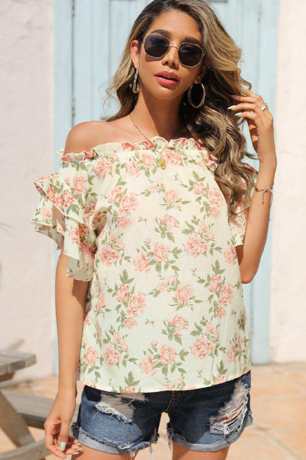 Floral Frill Trim Off-Shoulder Blouse - Trendsi - Flyclothing LLC