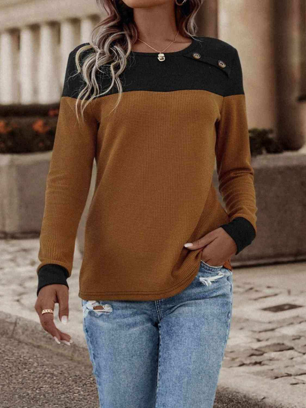 Contrast Buttoned Round Neck Long Sleeve T-Shirt - Trendsi - Flyclothing LLC
