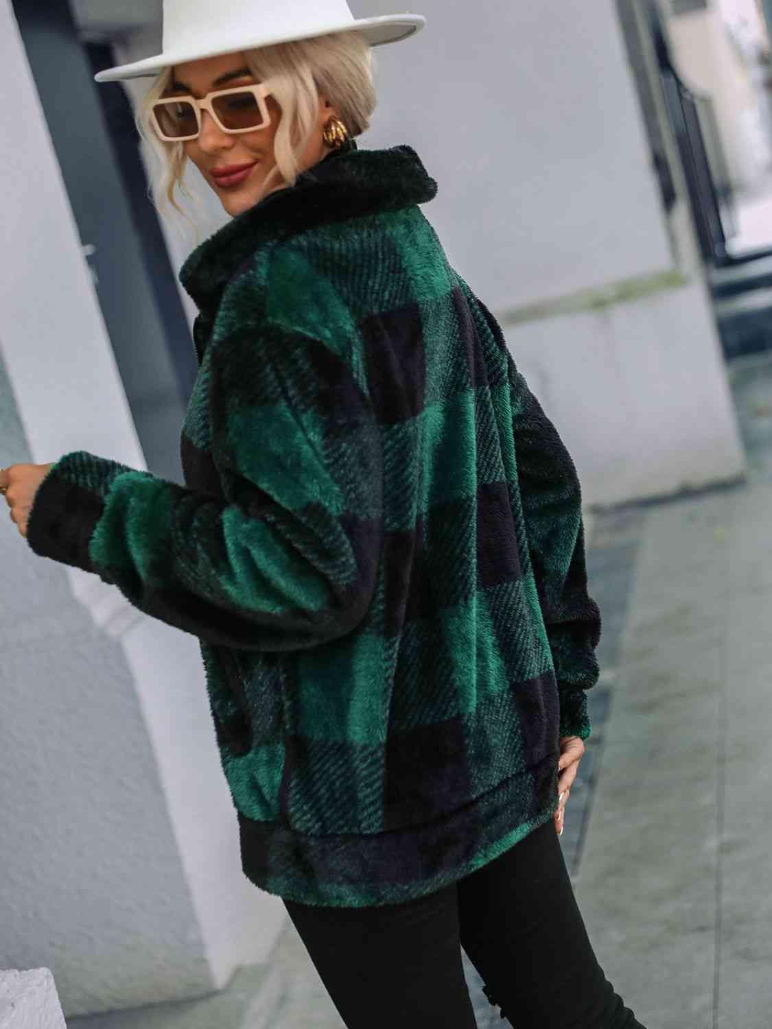 Plaid Zip-Up Collared Jacket - Trendsi