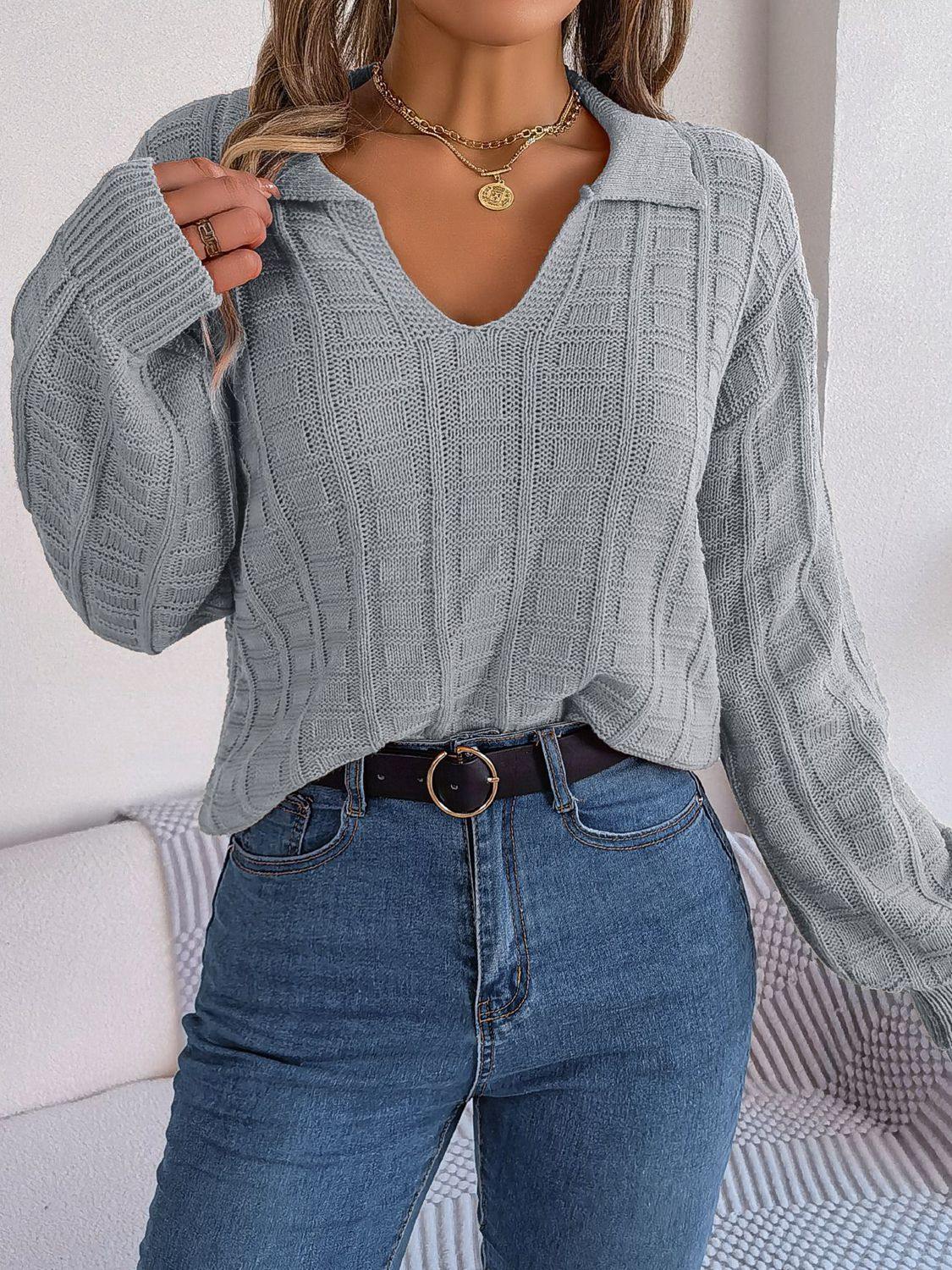 Johnny Collar Drop Shoulder Sweater - Trendsi
