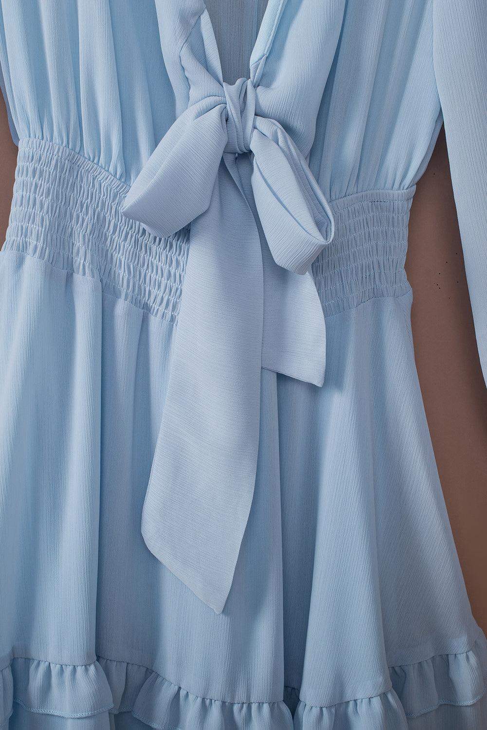Tied Plunge Smocked Waist Flounce Sleeve Dress - Trendsi - Flyclothing LLC