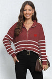 Striped Zip-Up Long Sleeve Ribbed Sweater - Trendsi - Flyclothing LLC
