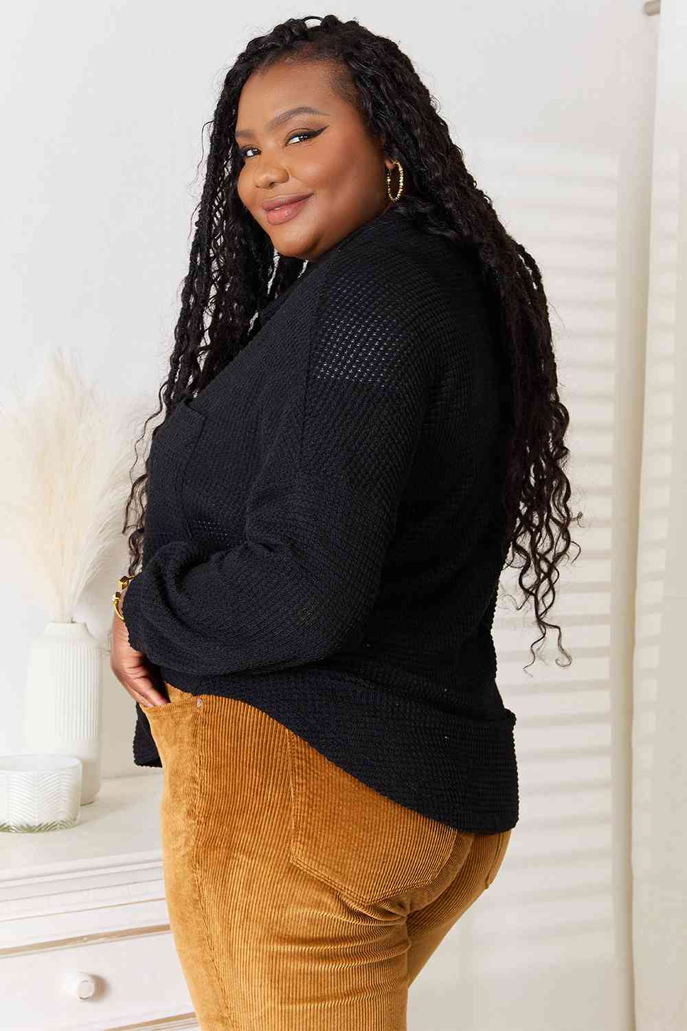 Double Take Waffle-Knit Collared Neck Dropped Shoulder Shirt - Trendsi - Flyclothing LLC