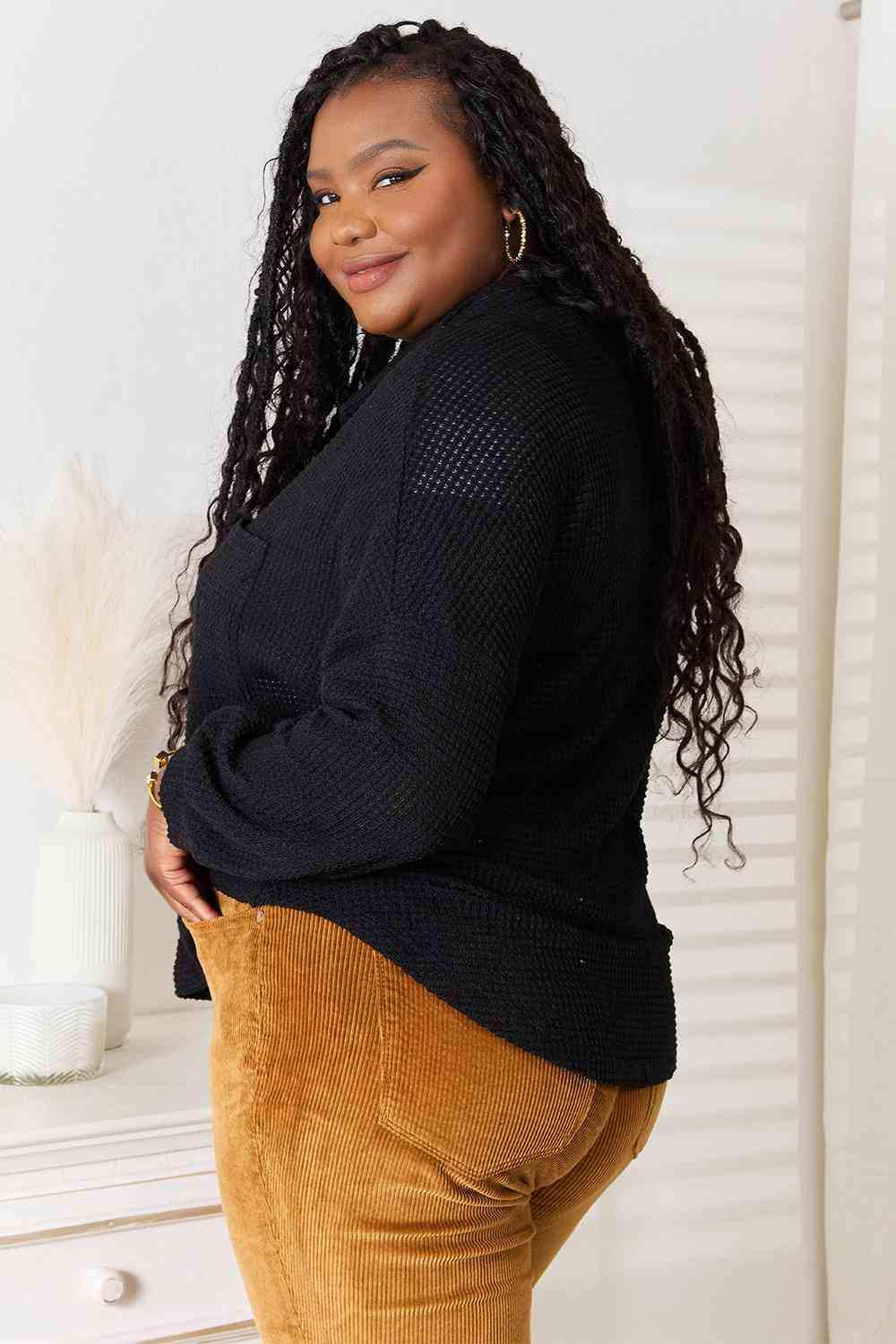 Double Take Waffle-Knit Collared Neck Dropped Shoulder Shirt - Trendsi - Flyclothing LLC