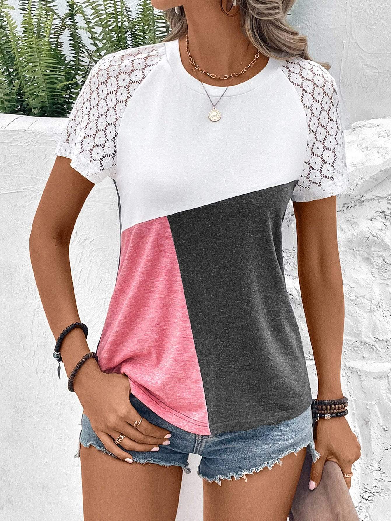 Color Block Raglan Sleeve Round Neck Tee - Trendsi - Flyclothing LLC