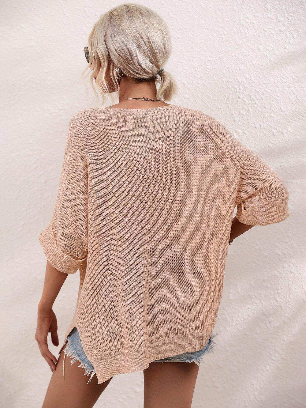 Boat Neck Cuffed Sleeve Slit Tunic Knit Top - Trendsi - Flyclothing LLC