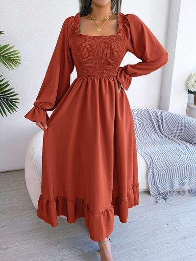 Smocked Square Neck Flounce Sleeve Dress - Trendsi - Flyclothing LLC