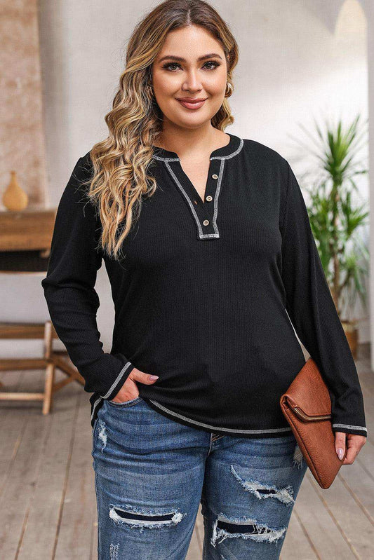 Plus Size Notched Neck Long Sleeve T-Shirt - Trendsi - Flyclothing LLC