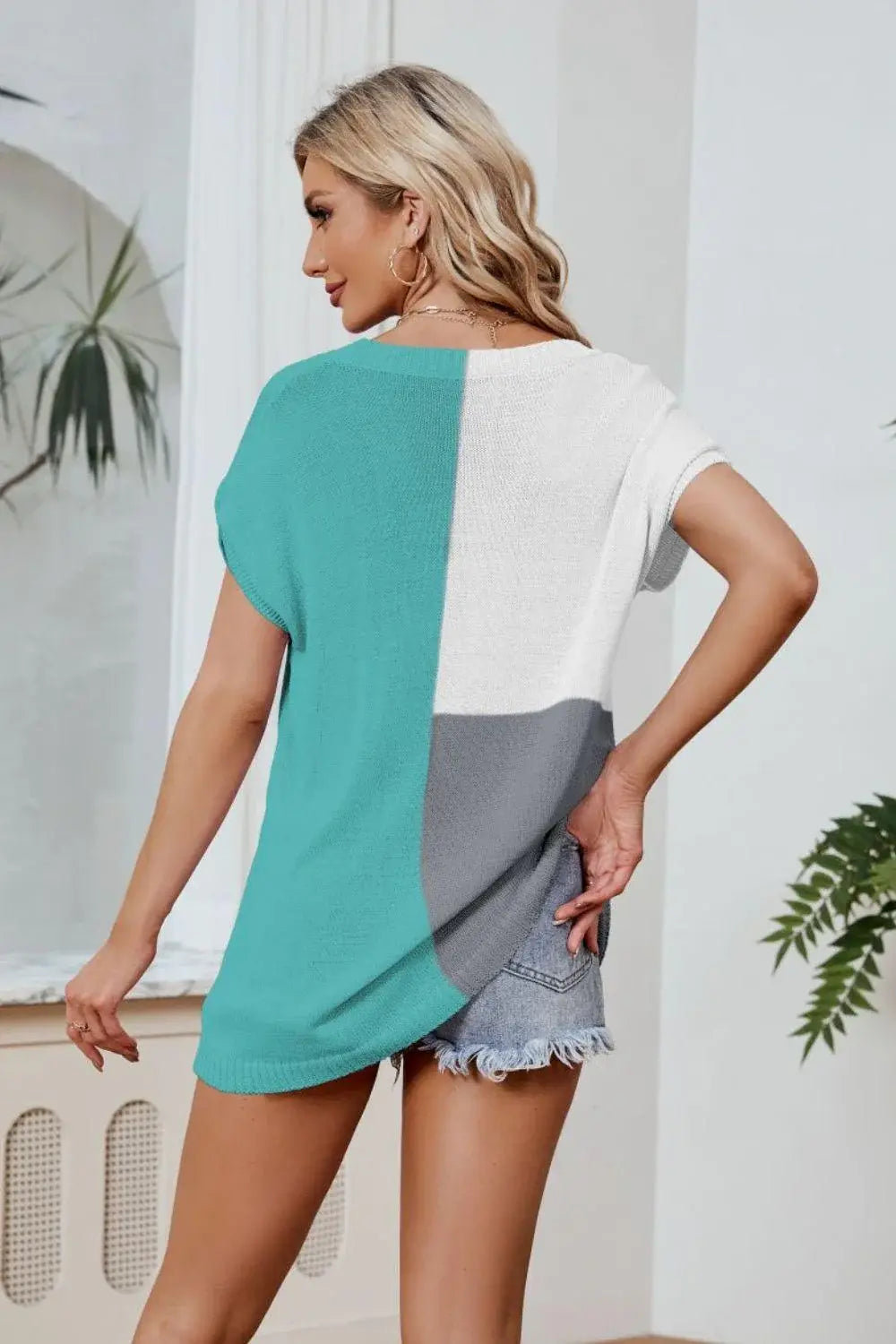 Color Block V-Neck Knit Top - Trendsi - Flyclothing LLC