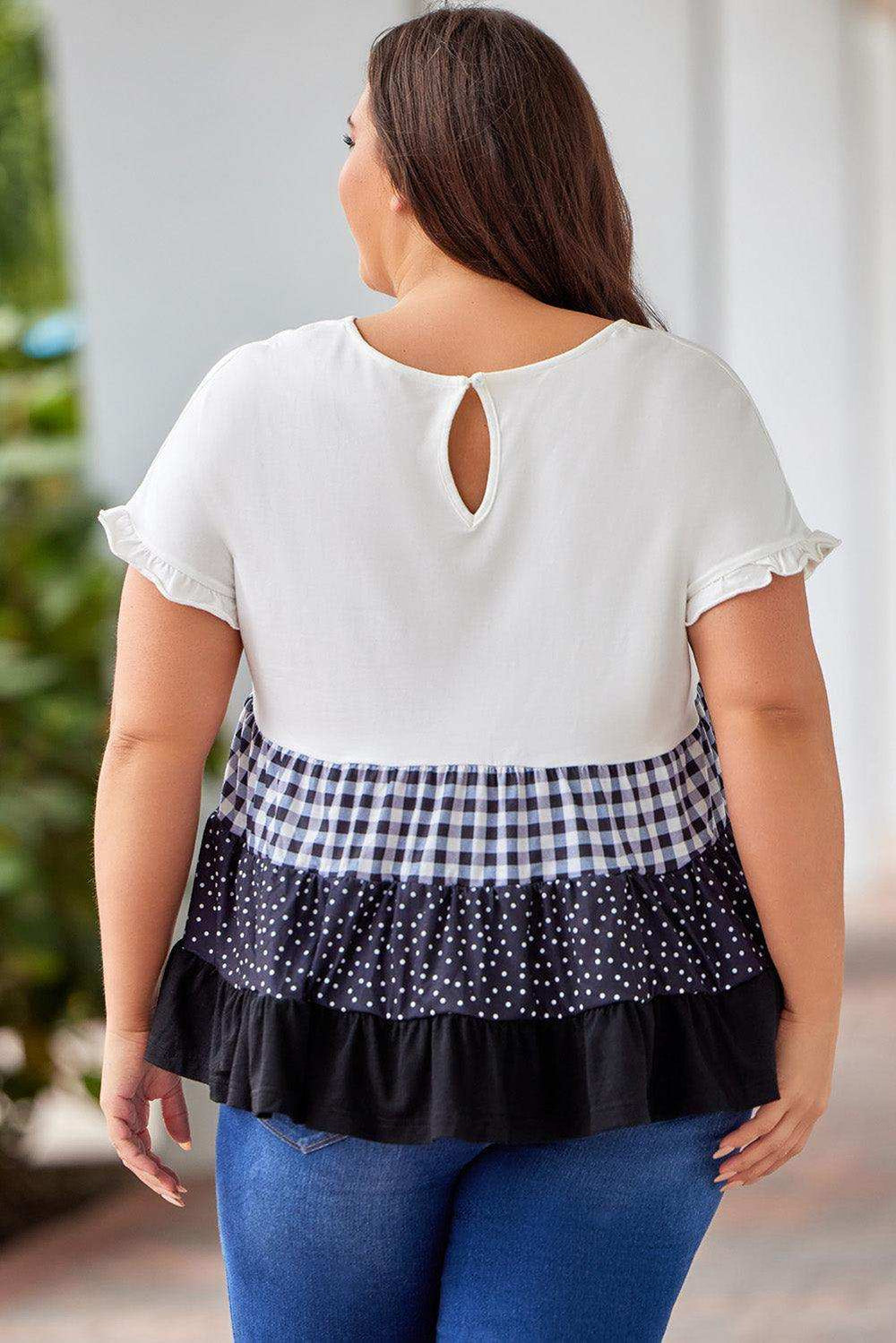 Plus Size Plaid Color Block Tiered Blouse - Trendsi - Flyclothing LLC
