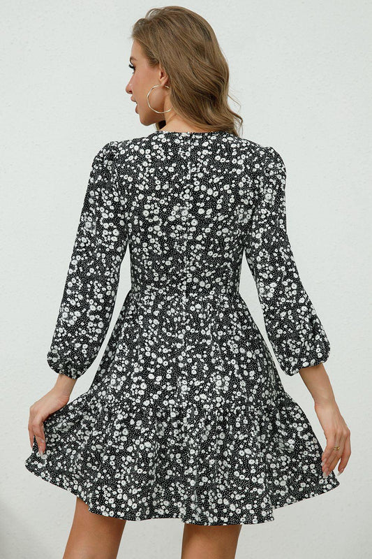 Printed Plunge Neck Flounce Sleeve Mini Dress - Trendsi