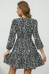 Printed Plunge Neck Flounce Sleeve Mini Dress - Trendsi