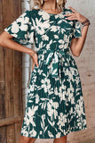 Floral Round Neck Tie Belt Pleated Dress - Trendsi