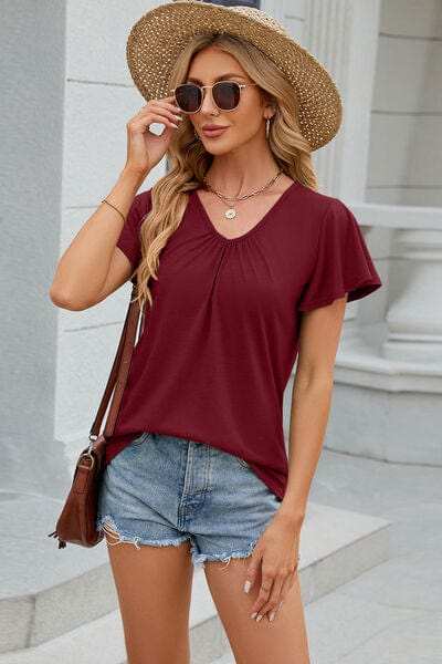 V-Neck Flutter Sleeve T-Shirt - Trendsi - Flyclothing LLC