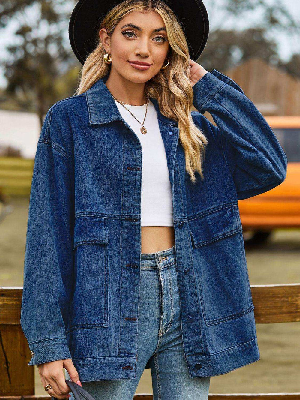 Dropped Shoulder Denim Jacket with Pockets - Trendsi - Flyclothing LLC