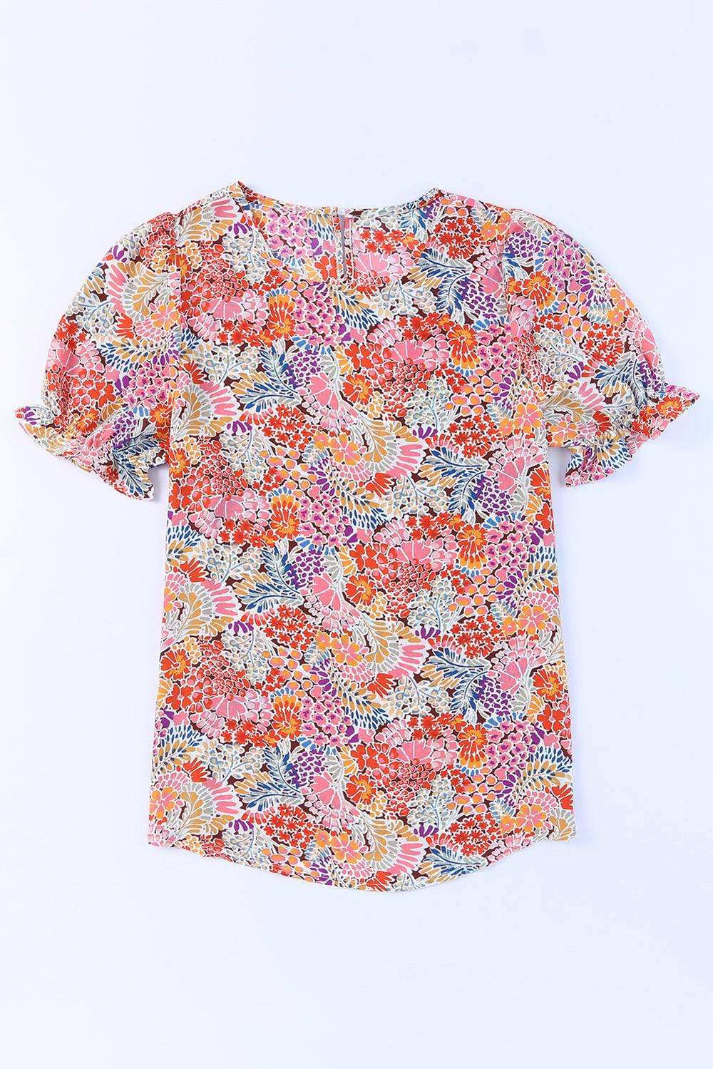 Floral Short Flounce Sleeve Blouse - Trendsi - Flyclothing LLC