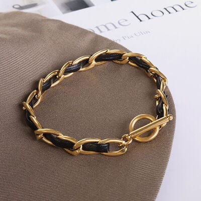18K Gold-Plated Leather Chain Bracelet - Trendsi