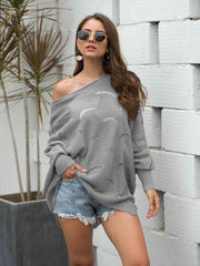 Full Size Boat Neck Lantern Sleeve Openwork Knit Top - Trendsi