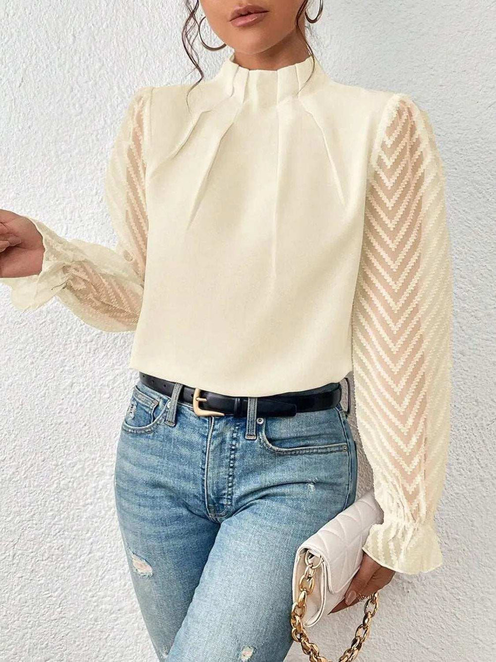 Mock Neck Flounce Sleeve Blouse - Trendsi - Flyclothing LLC