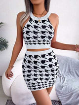 Houndstooth Sleeveless Top and Skirt Sweater Set - Trendsi - Flyclothing LLC